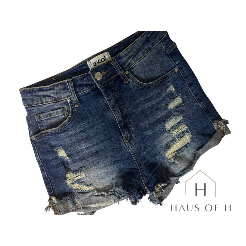 tricot Blue Cut-Off Denim Shorts Cotton Fringe Medium Wash Size M Pockets
